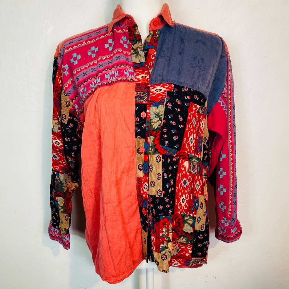 Electrify Size Small S Patchwork Button Down Shirt Top Cotton Rayon Blend Floral